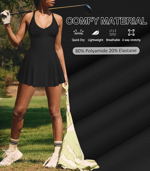 Hragc Women's V-Neck Pleated Flowy Tennis Dress - Athletic Summer Mini Dress with Pockets