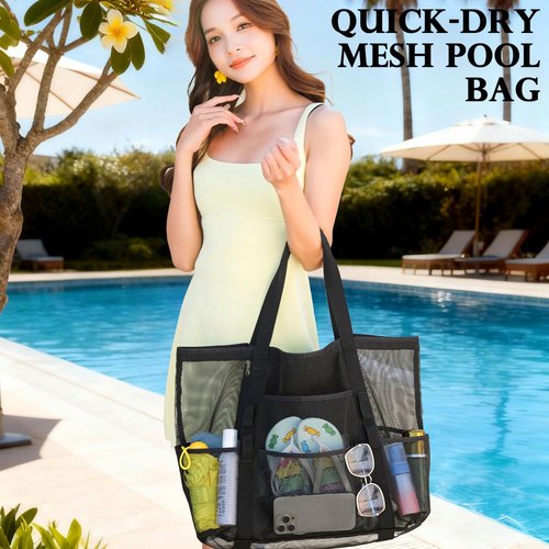 Fammart Mesh Beach Bag - Large Tote with Zipper Pocket for Family Travel & Pool Essentials