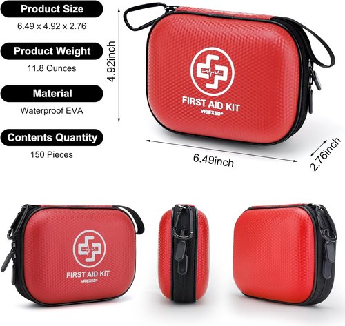 Mini First Aid Kit - 150-Piece Waterproof Medical Kit for Home, Travel, Camping & Outdoor Emergencies - Red