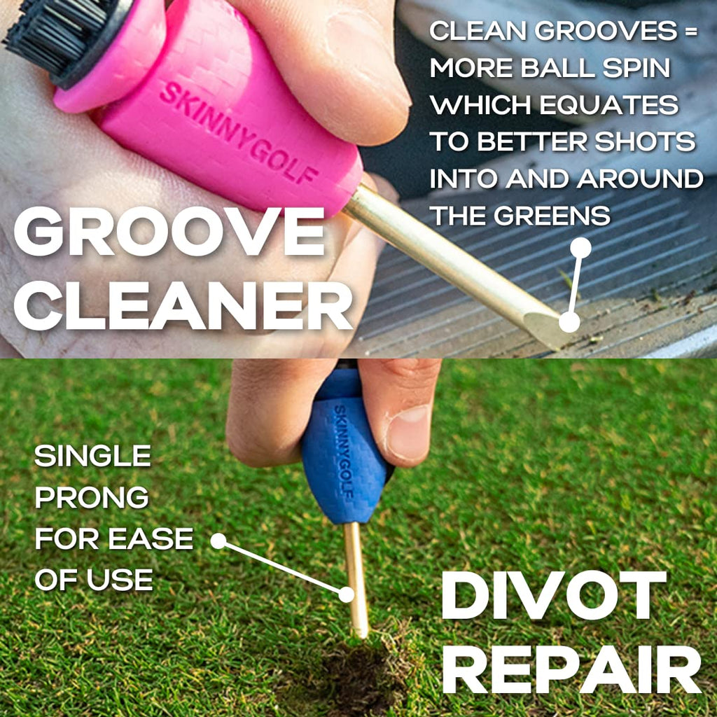 Skinny Golf Pocket Caddie | The Ultimate 4-in-1 Golf Tool | with Scrub Brush, Brass Tip Groove Cleaner, Divot Repair & Ball Marker | Fits Easily in Your Pocket | Holds Any Ball Marker (Red)