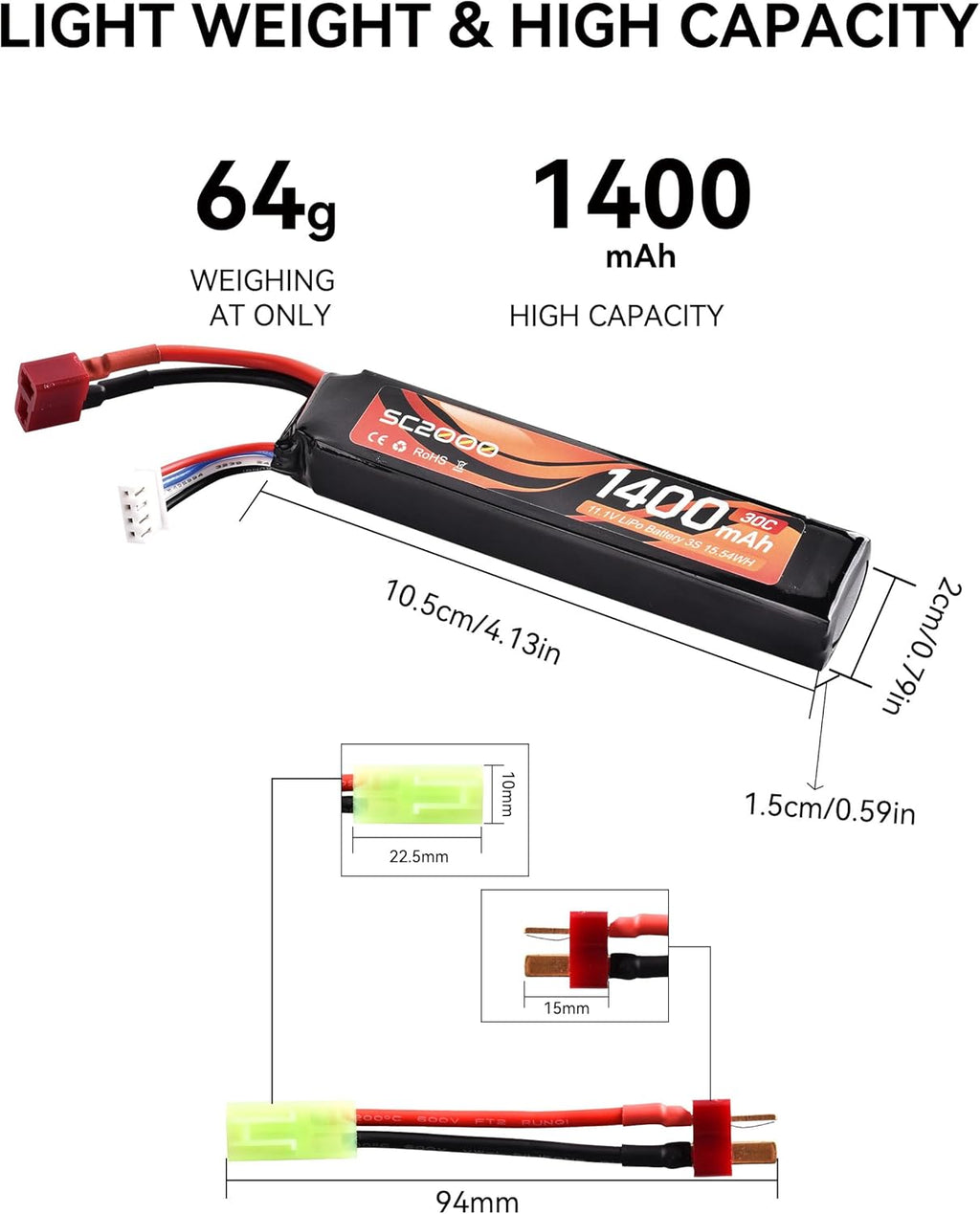 RunCam 11.1V LiPo Battery - Rechargeable 1400mAh 30C Stick Battery with T Plug & Mini Tamiya Cable for Airsoft Guns