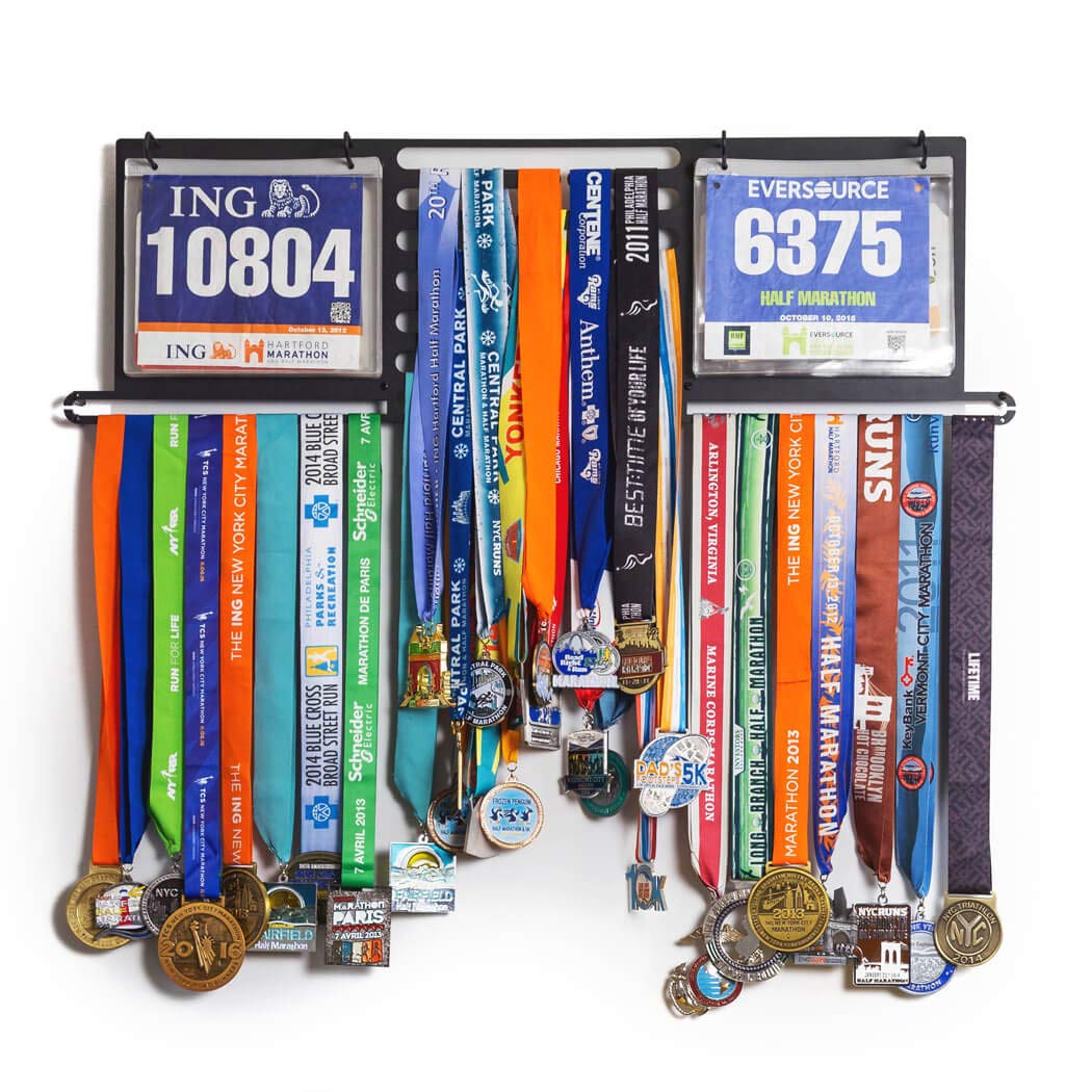 Gone For a Run BibFOLIO Plus Race Bib and Medal Display - Wall-Mounted Race Bib Hanger & Marathon Medal Holder for Runners with Protective Sleeves - Deulxe (Displays 100 Medals & Over 200 Race Bibs)