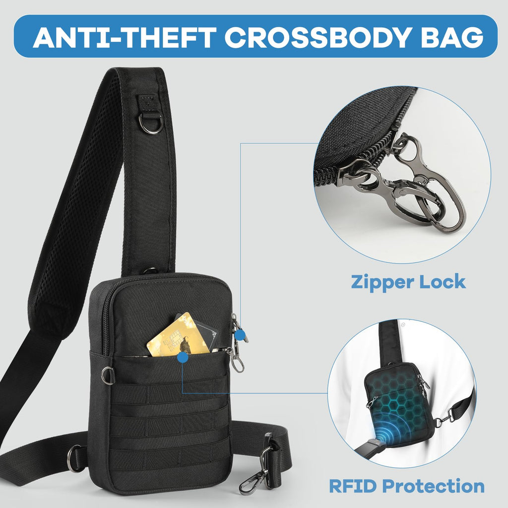 Sling Bag, Tactical Anti Theft Crossbody Bag with Zipper Lock RFID EDC Small Chest Bags for Men Women
