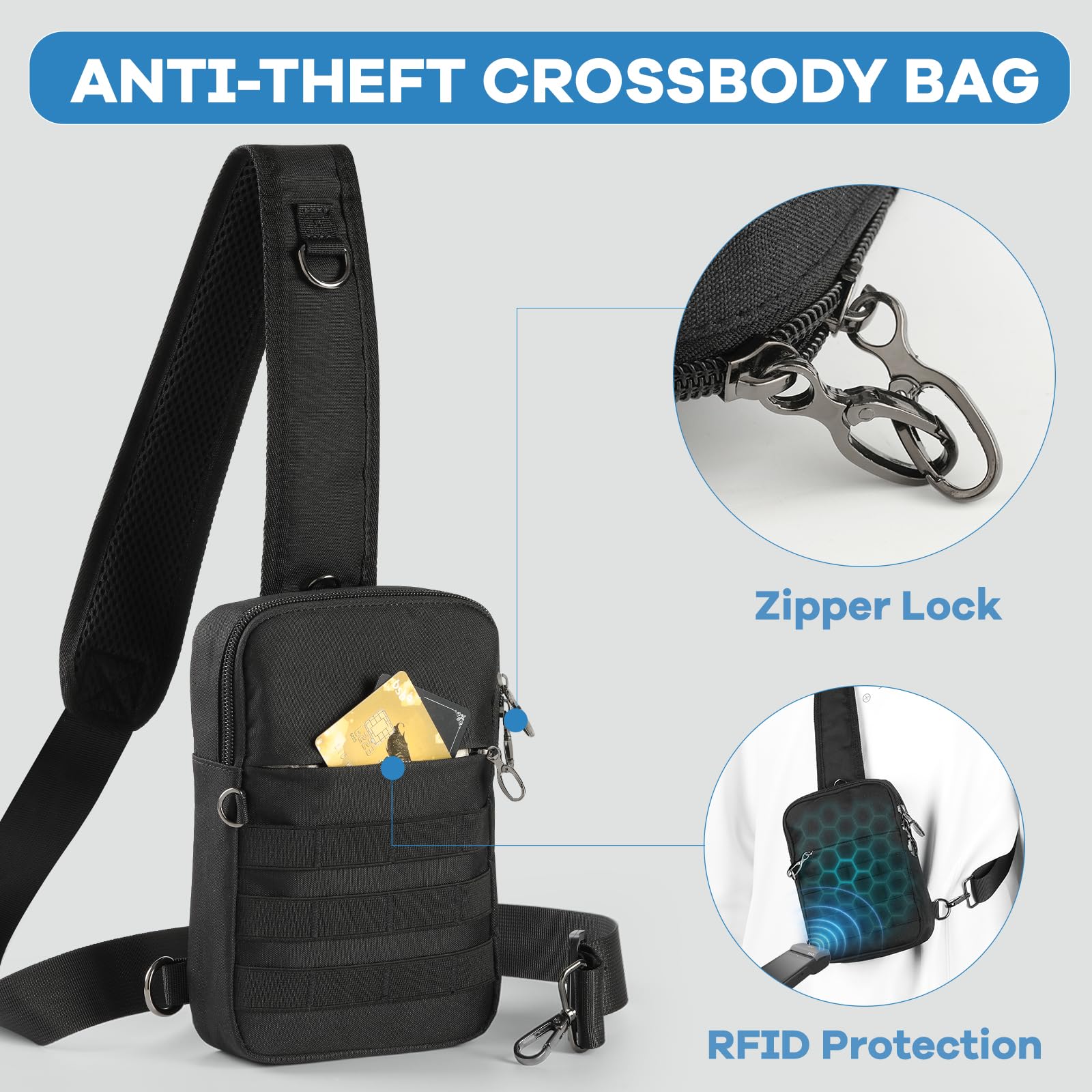 Sling Bag, Tactical Anti Theft Crossbody Bag with Zipper Lock RFID EDC Small Chest Bags for Men Women