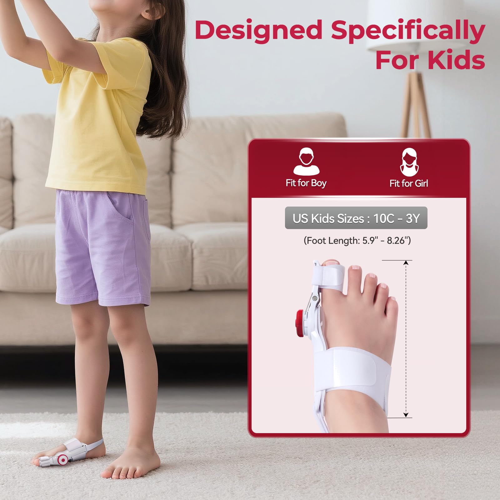 TENICORE Bunion Corrector for Kids, Adjustable Bunions Fix for Relief with Anti-slip Heel Strap, Red-1pc