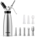 Skiennix Professional Aluminum Whipped Cream Dispenser - Leak-Free 500 mL Canister with 8 Nozzles & Brush | Silver