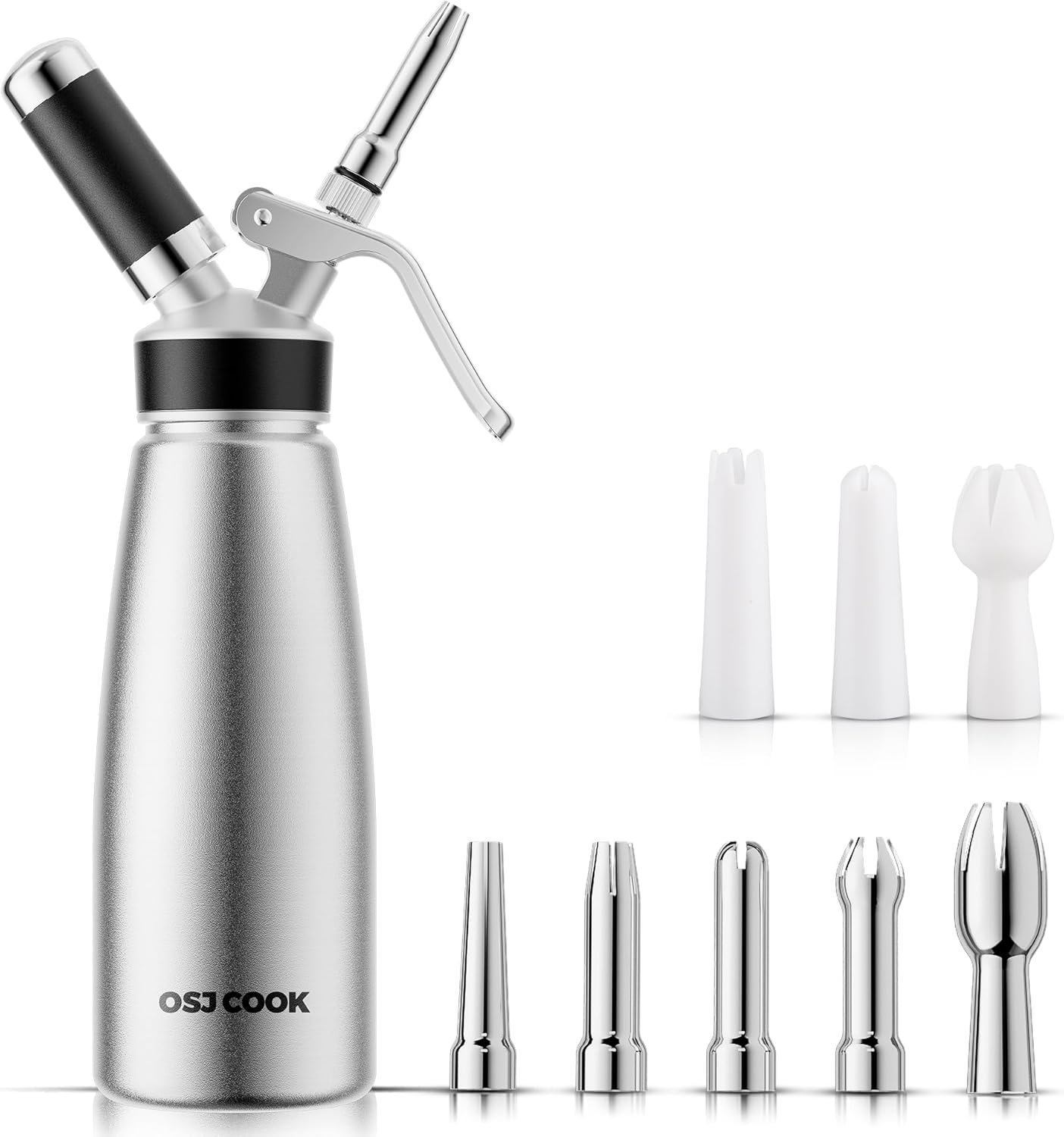 Skiennix Professional Aluminum Whipped Cream Dispenser - Leak-Free 500 mL Canister with 8 Nozzles & Brush | Silver