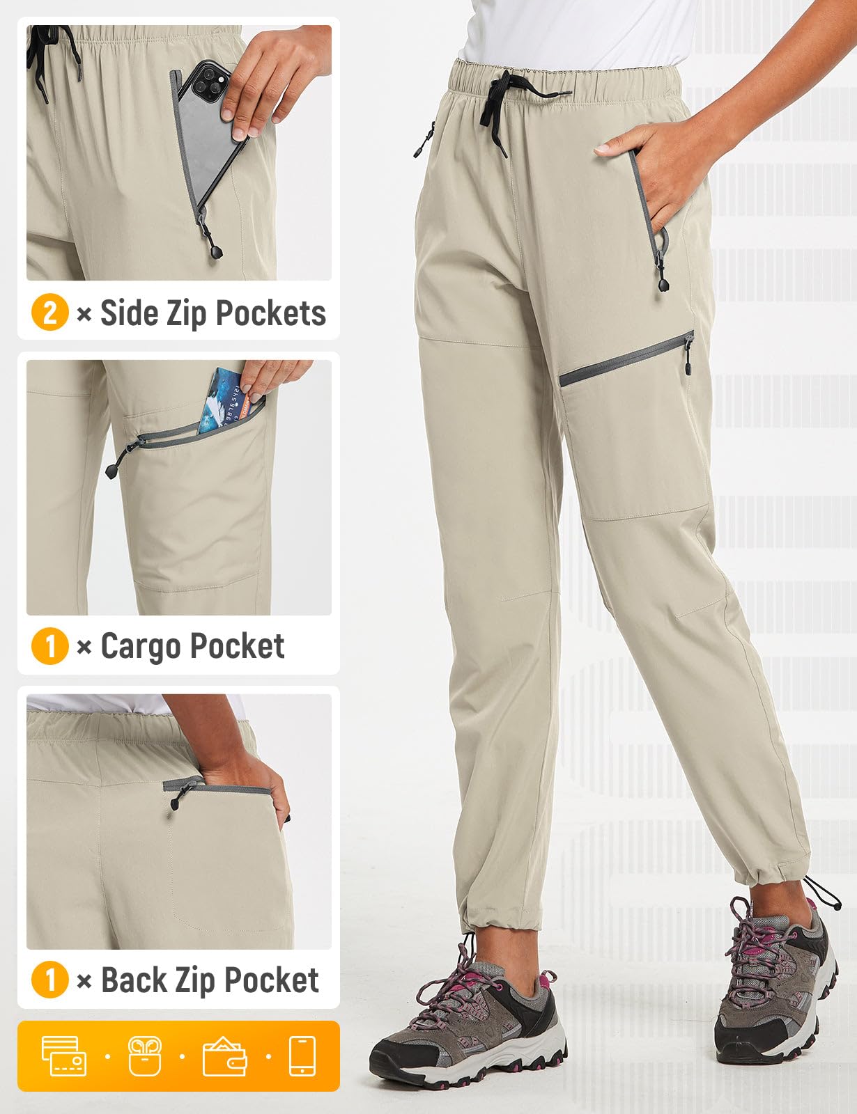 baleaf Cargo Pants for Women Petite Joggers Lightweight Quick Dry Pant Water Resistant 27'' Travel Workout Athletic Trip 27''-Suntan 3XL