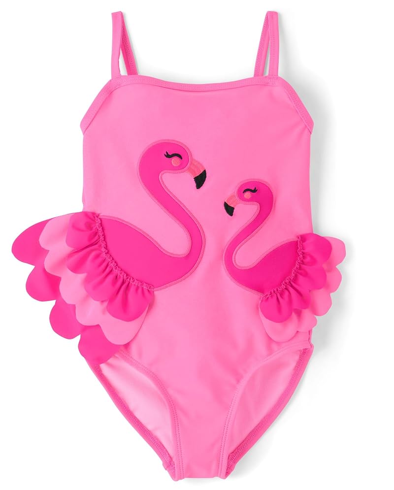 Gymboree Neon Peony Kids One-Piece Swimsuit - Flamingo Ruffles UPF50+ 5T