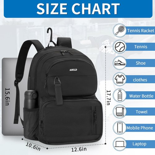 ANILD Tennis Bag Tennis Racket Backpack for 2 Rackets with Ventilated Shoe Compartment for Men & Women
