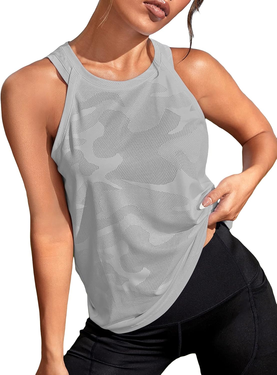 OYOANGLE Women's Camo Print Workout Tank Top - Sleeveless Active Gym Shirt for Yoga & Running