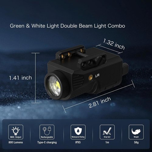 LaserMax Pistol Laser Light Combo - 800 Lumens Green Laser & Flashlight for Glock & Rifle | Rechargeable Battery