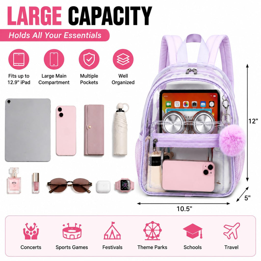 BTOOP Clear Mini Backpack for Stadium Events 12x12x6 Small Transparent Backpacks Plastic See Through Clear Bag for Concerts Work Festival Security Travel Purple