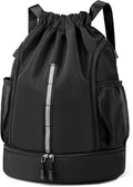 Skiennix Sport Gym Bag - Drawstring Backpack with Shoe Compartment & Reflective Strips | Black
