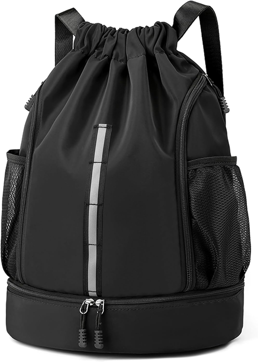 Skiennix Sport Gym Bag - Drawstring Backpack with Shoe Compartment & Reflective Strips | Black