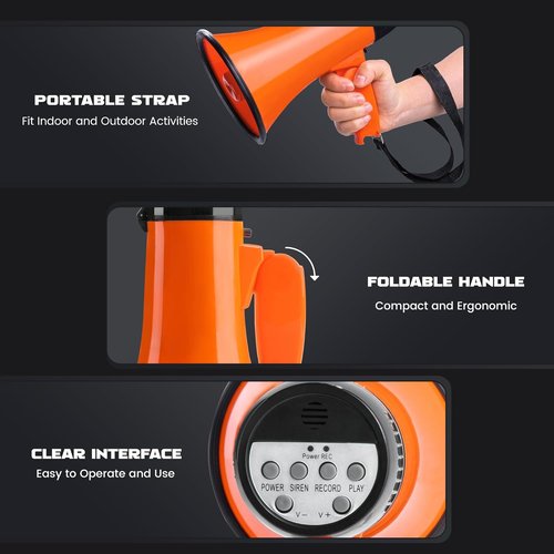 MyMealivos 20W Megaphone Bullhorn - Portable Design with Siren & 240s Recording | 5.4" x 8.6" for Indoor/Outdoor Use
