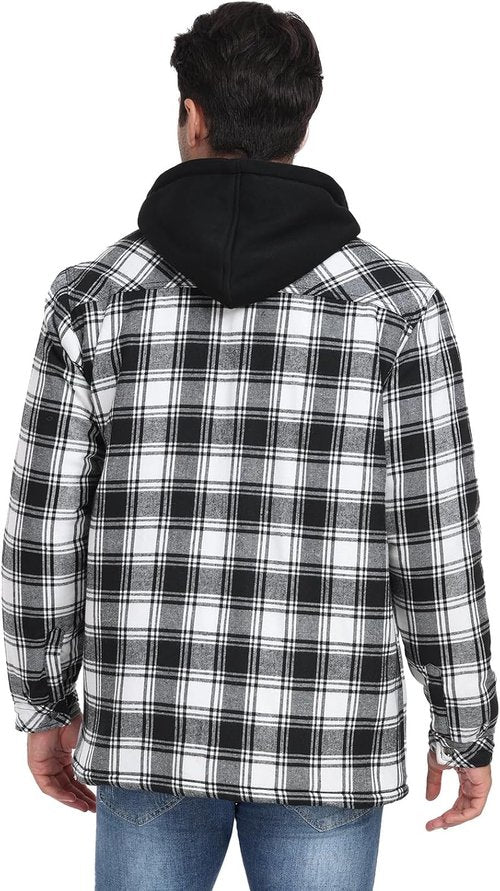 CHEXPEL Flannel Jacket for Men - Long Sleeve Plaid Shirt Coat with Hood & Quilt Lining
