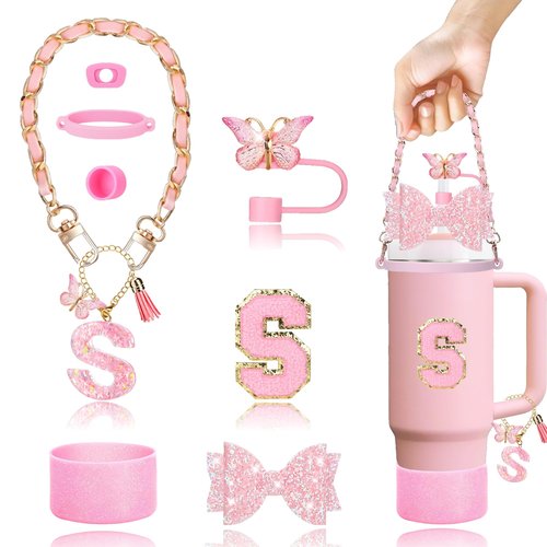 Aouloves Stanley Cup Accessories Set of 9 PCS - Including Pink Bow, Chain Handle, Letter Stickers, Butterfly Tassel Letter Pendant, Butterfly Cup lid, Spill Proof Stopper, Cup Holder,30oz 40oz.(S)