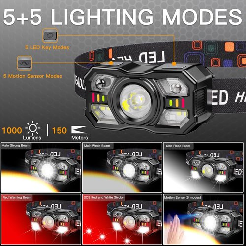 KunHe 20 Pack led Rechargeable Headlamp Flashlight Headlight Motion Sensor 10 Mode for Outdoor Camping Gear Hiking Fishing Running Cycling Headlight Emergency Lights for Home