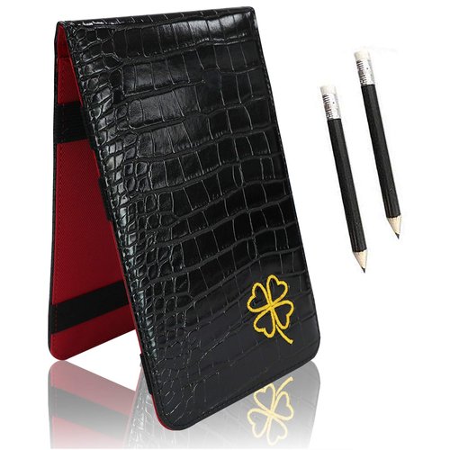 FINGER TEN Golf Scorecard Holder Leather Yardage Books Cover Lucky Clover with 2 Free Pencil Value Pack Deluxe Pocket Score Card Covers Gift for Men Women Golfer (Black)