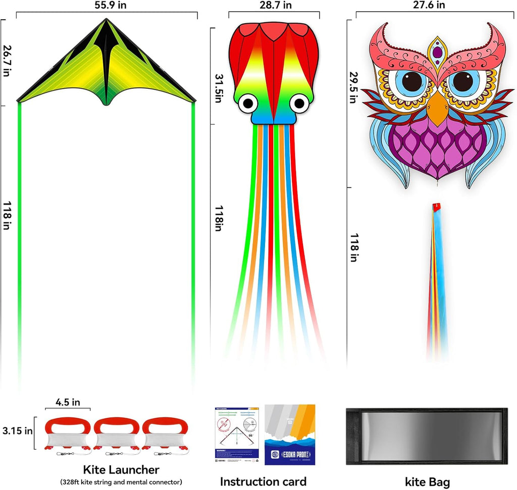 Skiennix Kites for Kids & Adults - Easy to Fly Beach Kites with 328ft String | Fun Gift for Ages 4-8 (Purple Owl, Grassland, Octopus)
