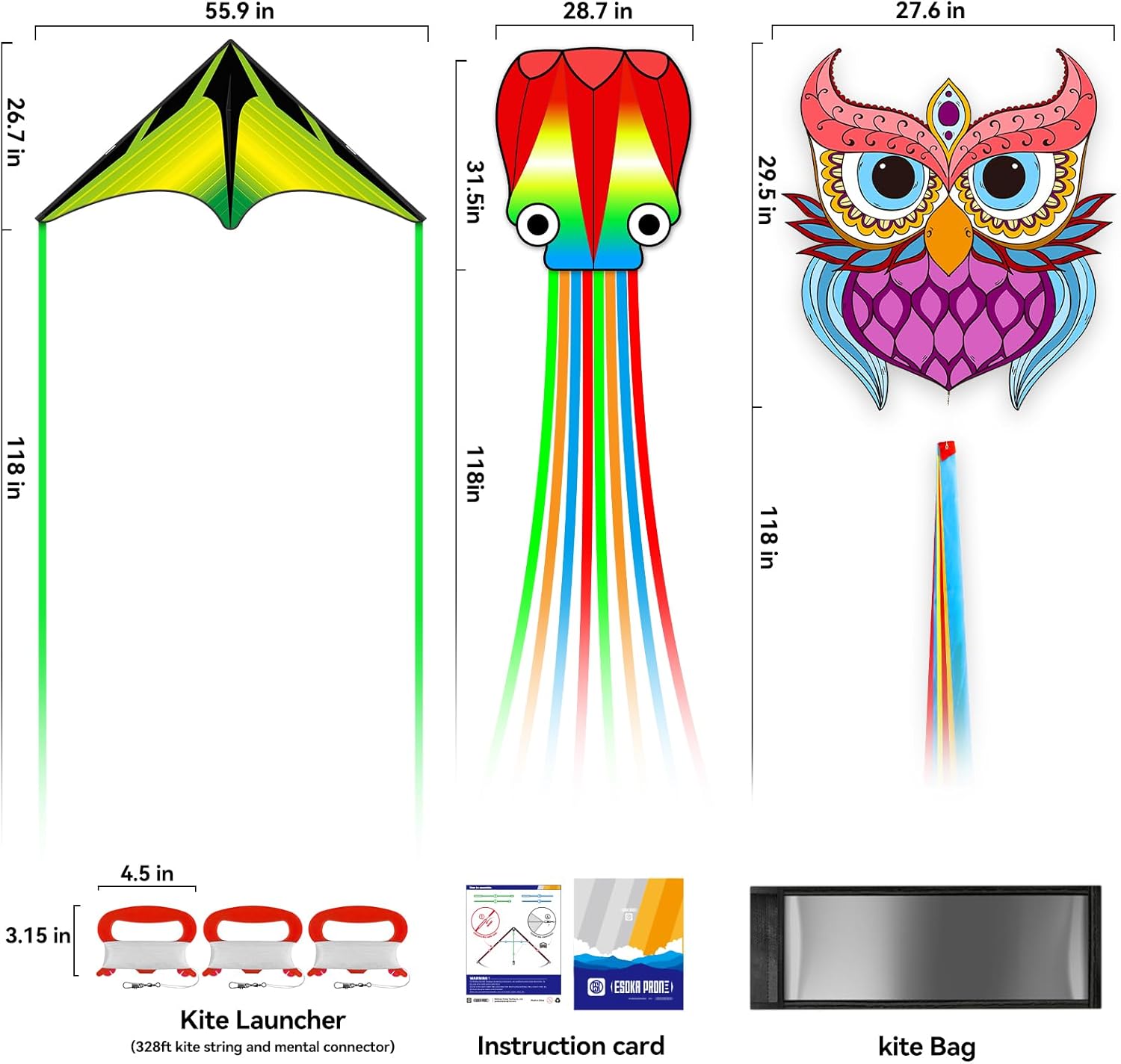 Skiennix Kites for Kids & Adults - Easy to Fly Beach Kites with 328ft String | Fun Gift for Ages 4-8 (Purple Owl, Grassland, Octopus)