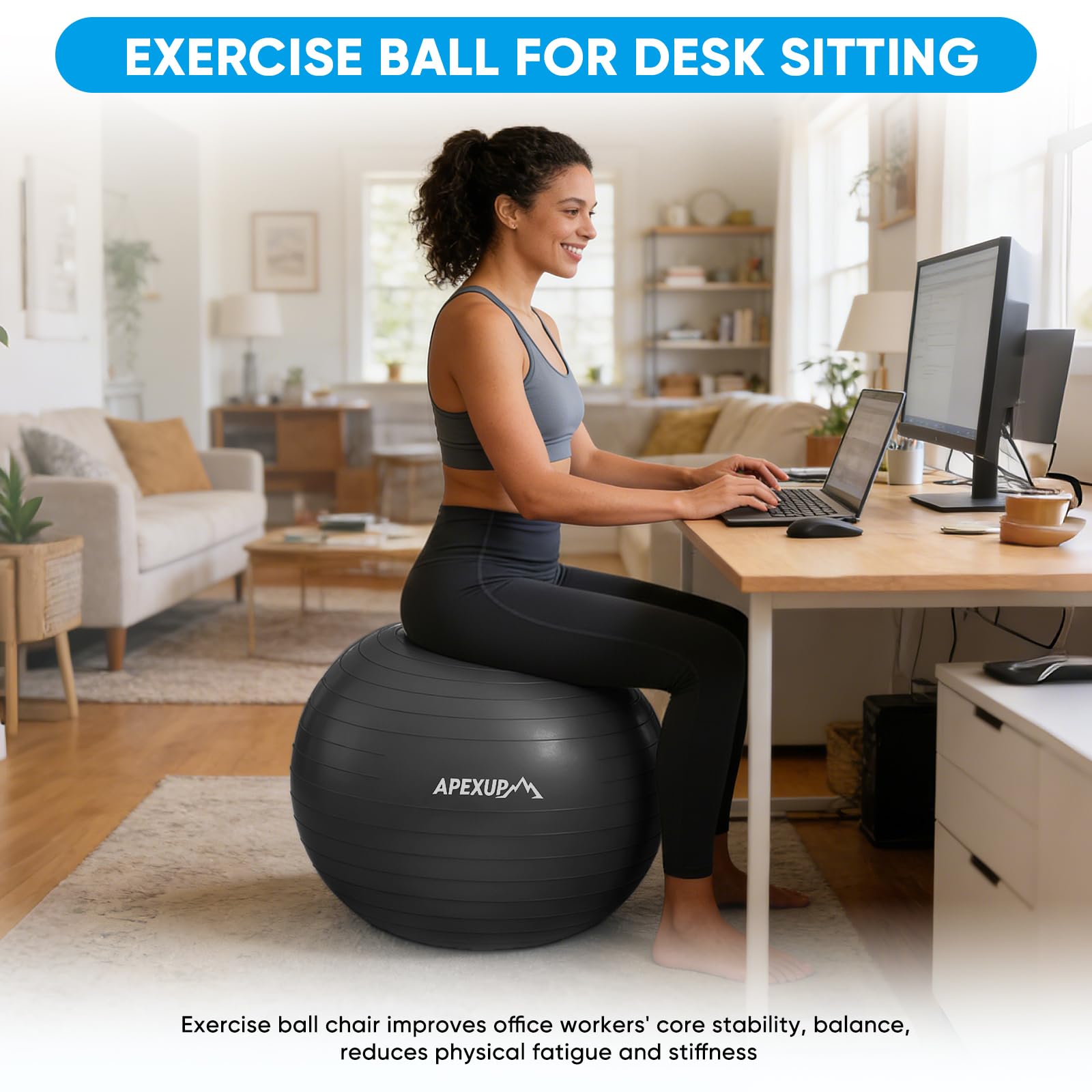 APEXUP Yoga Ball, 660 lbs Anti-Burst Exercise Ball with Pump, 5 Sizes (S (15"~18") 45cm, Black)