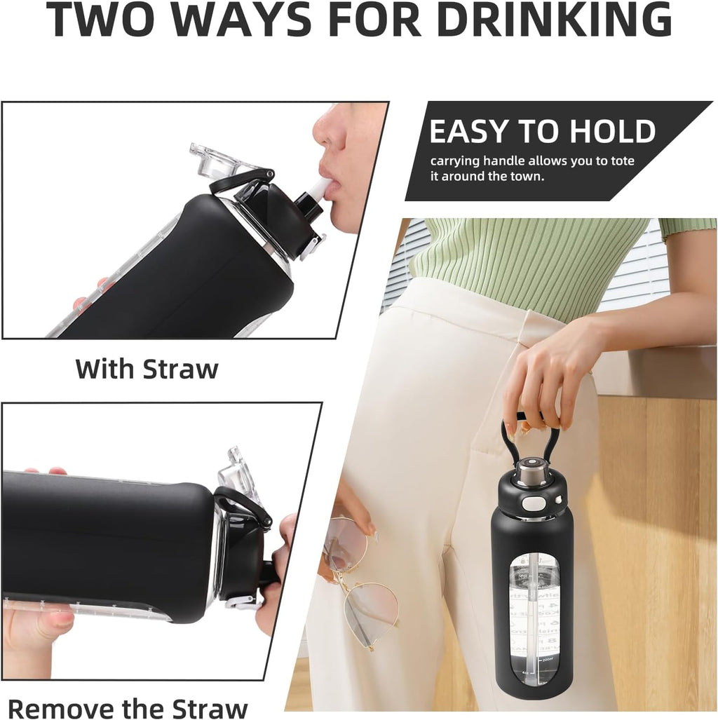 SIEROZUR 32 oz Glass Water Bottle - Durable with Straw, Handle & Silicone Sleeve | Time Marker for Gym & Travel