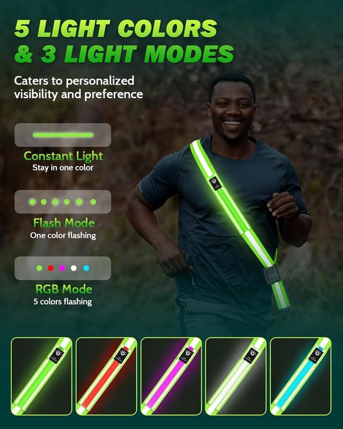 Fitense LED Reflective Belt Sash - High Visibility Night Safety Gear with 5 Light Colors & 3 Modes | Adjustable Rechargeable Vest for Runners & Walkers