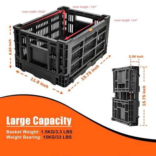 YEEGO DIRECT Bike Basket Rear, Folding Large Capacity Rear Bike Baskets, Collapsible Bicycle Storage Bike Milk Crate Rear Rack,Waterproof Cover for Shopping,Outings,Pets E-Bike Accessories (Black)