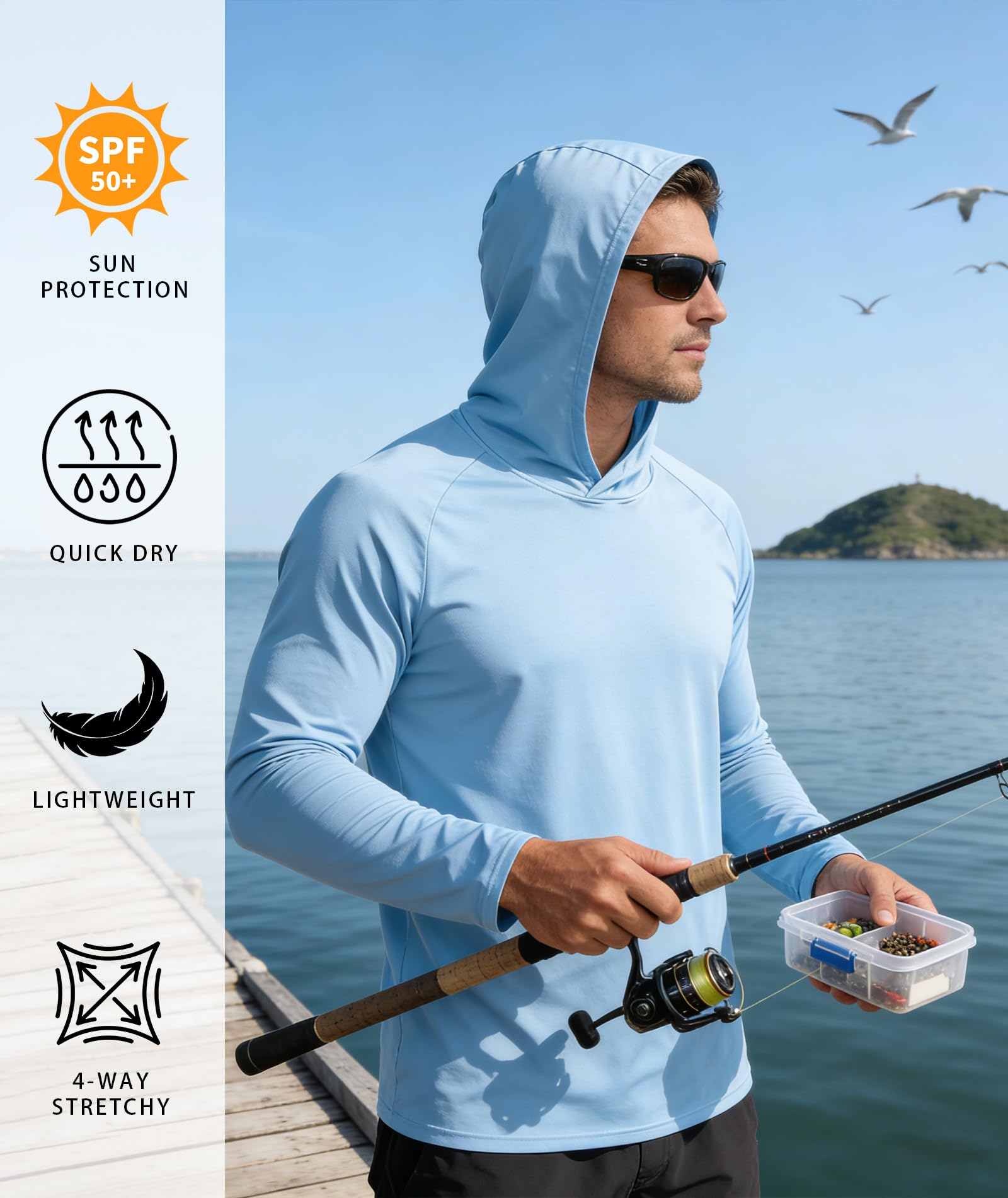 Sun Shirts for Men Long Sleeve Fishing Shirts Sun Hoodies Rash Guard Summer Hooded UPF 50+ Sun Protection Running Athletic Hoodie 5 Pack