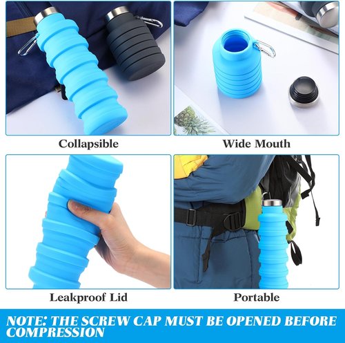 Lallisa Collapsible Water Bottles - 17 oz Reusable Silicone | Portable Leak-Proof Design for Travel & Outdoor Activities (Blue, Purple, Gray, Green)