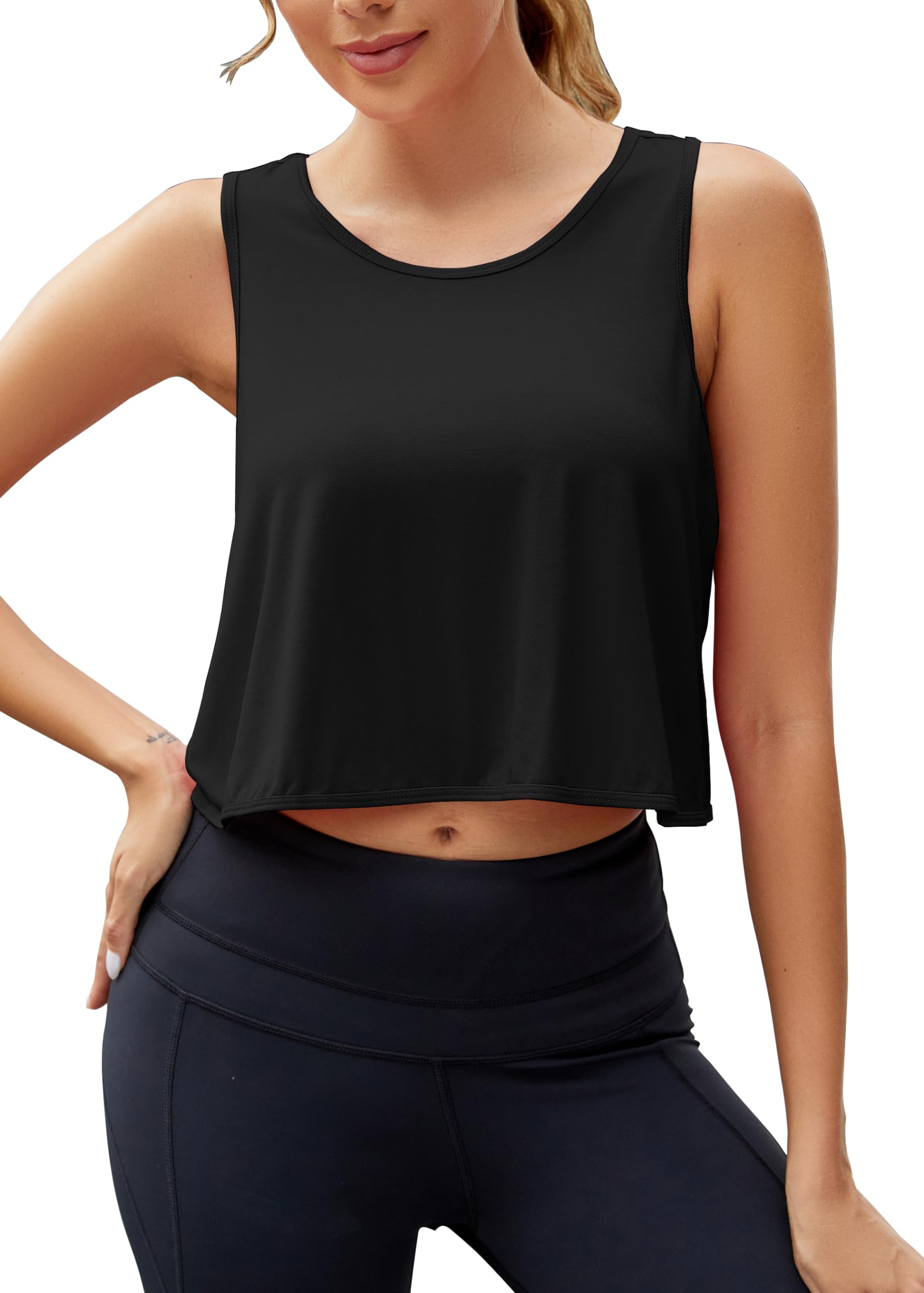 Mippo Workout Tank Tops for Women Open Back Athletic Yoga Gym Crop Tank Backless Workout Shirts Loose Fit Black L