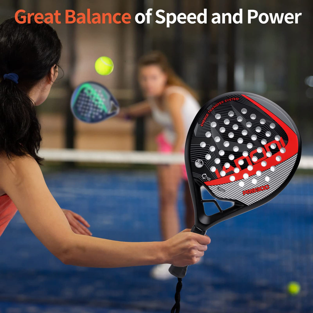 Padel Racket Carbon Fiber Surface with EVA Memory Flex Foam Core Padel Tennis Racquets Lightweight (8300-red)