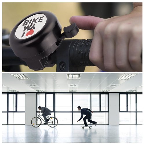 CREATCABIN I Love My Bike Bicycle Bell Classic Aluminum Bike Bells Ring Loud Crisp Sound Cycling Bell Small Black Handlebars Bells with 4Pcs Resin Stickers for Road Mountain Bike Accessories 2x2Inch