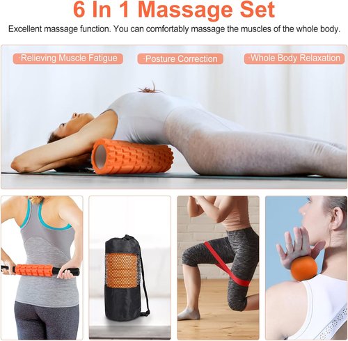Aucuu Foam Roller Set - 5-in-1 Massage & Stretching Kit with Yoga Stick, Ball, Strap & Bag - Orange
