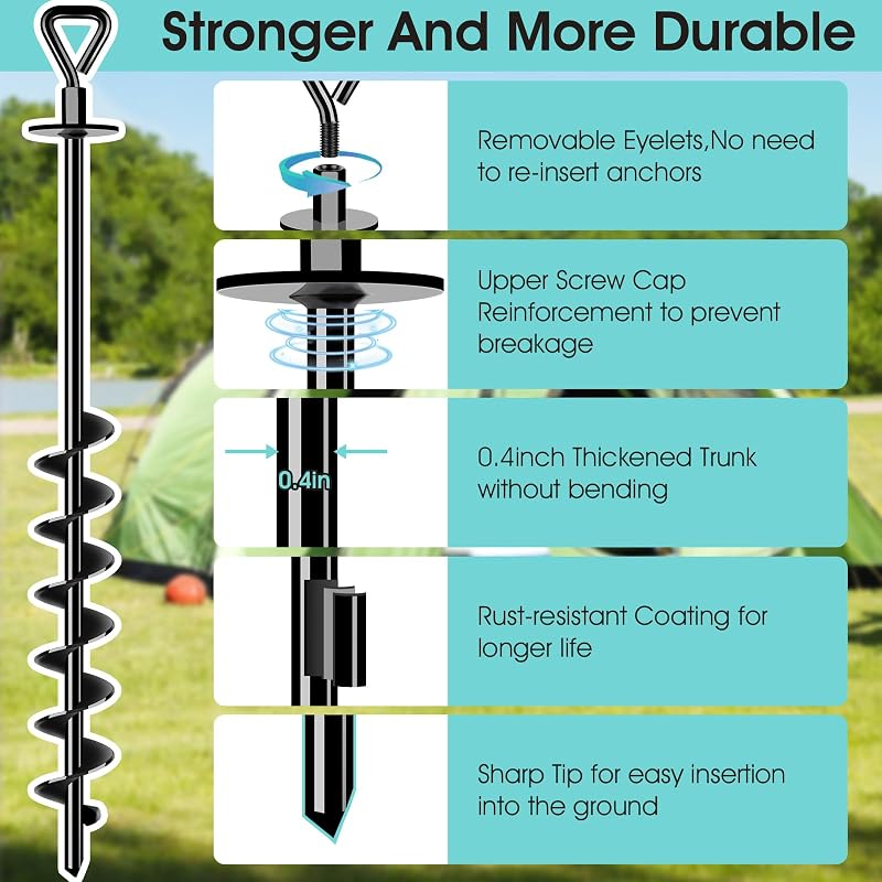 Ground Anchors Screw-In for High Wind - 4x27" Set with Wrench & Nut Driver (Black)