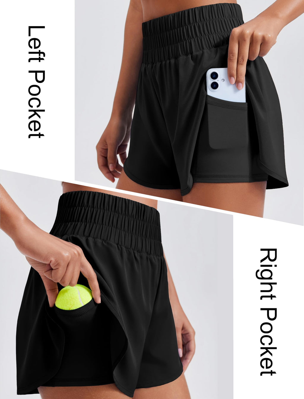 PINSPARK Women 2 in 1 Running Athletic Shorts High Split Dolphin 3 Inch Gym Shorts Quick-Dry Workout Active Sports Shorts with Liner and Pockets, Black Medium