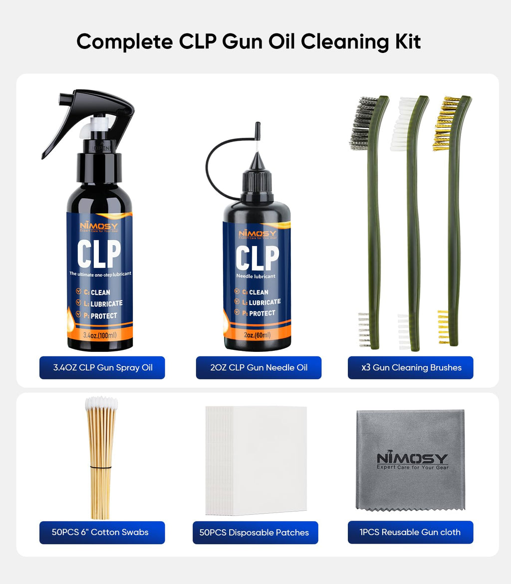 NIMOSY CLP Gun Cleaning Oil Kit-Includes 3.4oz Gun Oil 2oz Needle Lubricant, Gun Brushes Reusable Cloth Swabs and Patches,Gun Accessories Cleaner for Rifle Pistol Firearm Maintenance Gifts for Men
