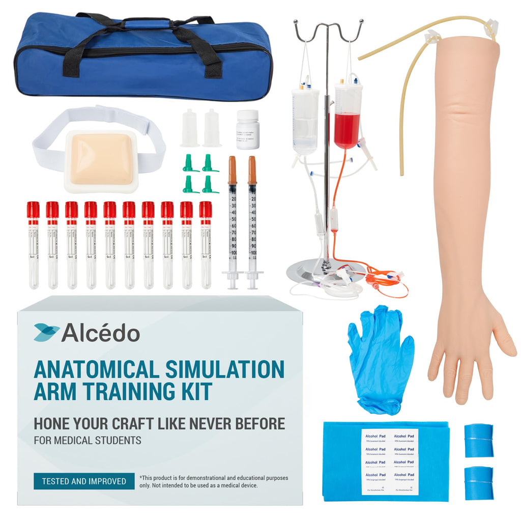 Alcedo Phlebotomy Practice Kit, Complete Venipuncture and Injection IV Practice Essentials, Realistic Training Arm with Stand & Carry Bag, Light Skin, for Medical Students & Educational Use Only