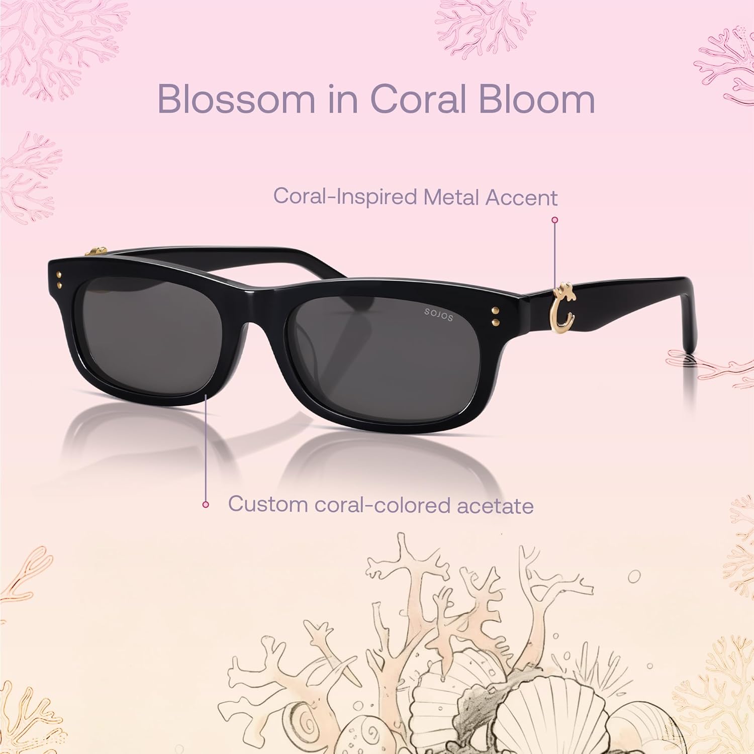 SOJOS Narrow Rectangle Sunglasses - Polarized UV400 Acetate Frame | Retro Classic Lace Coral Accent