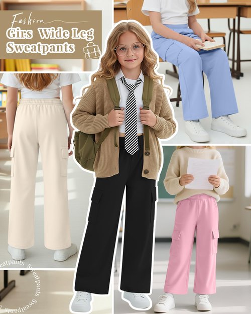 LessonZoo 4 Pack Girl's Wide Leg Sweatpants with Cargo Pockets Baggy Elastic High Waist Pants Kids Casual Athletic 5-14Y(Cream, Pink, Light Blue, Black,13-14 Years)