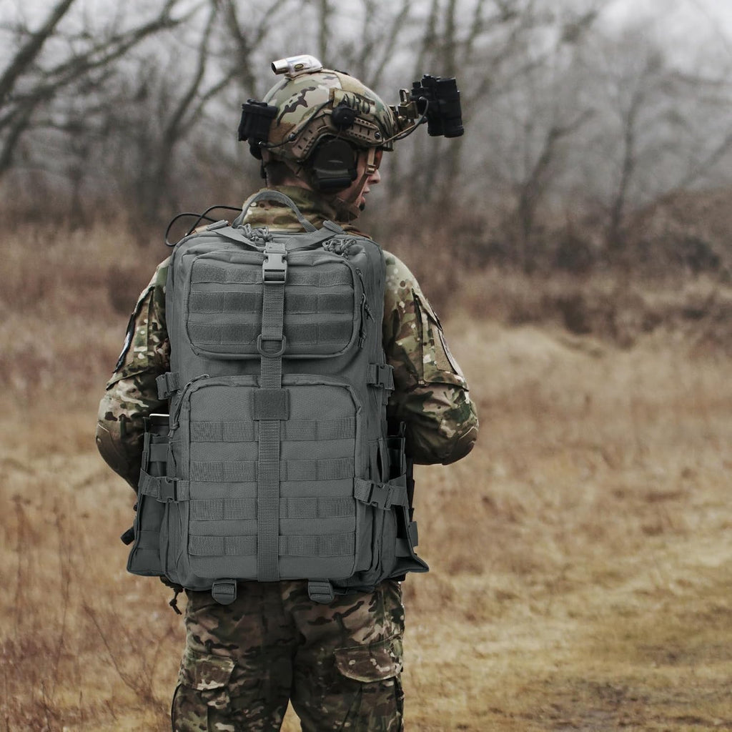 REEWBOW GEAR 40L Tactical Backpack - Heavy Duty Military Daypack for Men | Grey with Bottle Holder