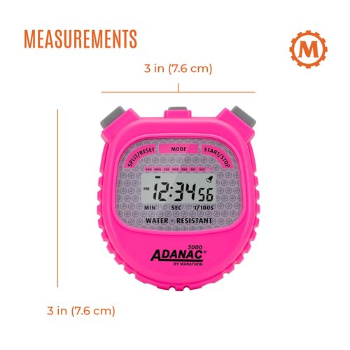 Marathon Adanac 3000 Digital Stopwatch Timer, Neon Pink - High Precision Accuracy to 1/100th Seconds - Water, Dust & Shock Resistant - 46” Lanyard Included