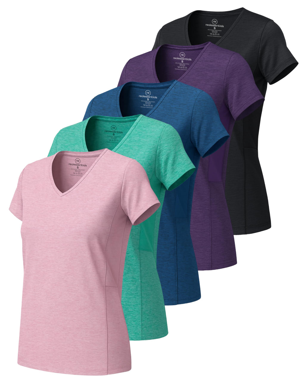 Real Essentials 5 Pack: Women's Dry-Fit Short Sleeve V Neck T Shirt Workout Fitness Yoga Top Tee, Set 15, S