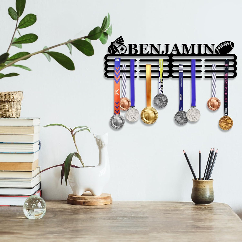 Skiennix Personalized Medal Hanger Display - Custom Name Wall Mount Trophy Shelf | Tiered Award Rack for Sports