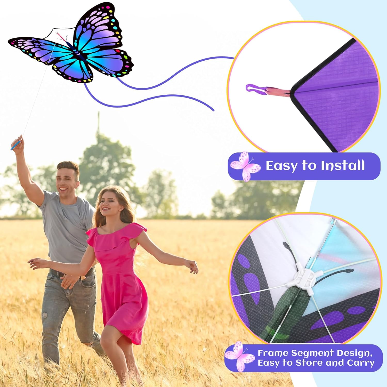 Silipull Butterfly Kites - Large 55 x 28 Inch Colorful Kites with 328ft String for Adults & Beginners | Purple & Orange