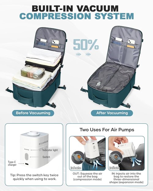 Coofay Large Vacuum Backpack - Travel Compression System with Pump | Easy Carry-On Luggage