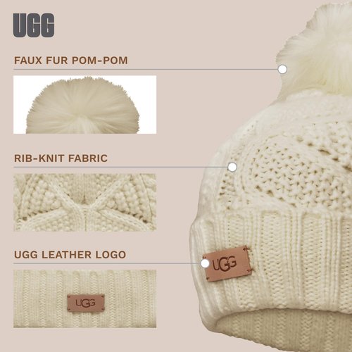 UGG, Womens, Cable Beanie With Pom, Cream, One Size
