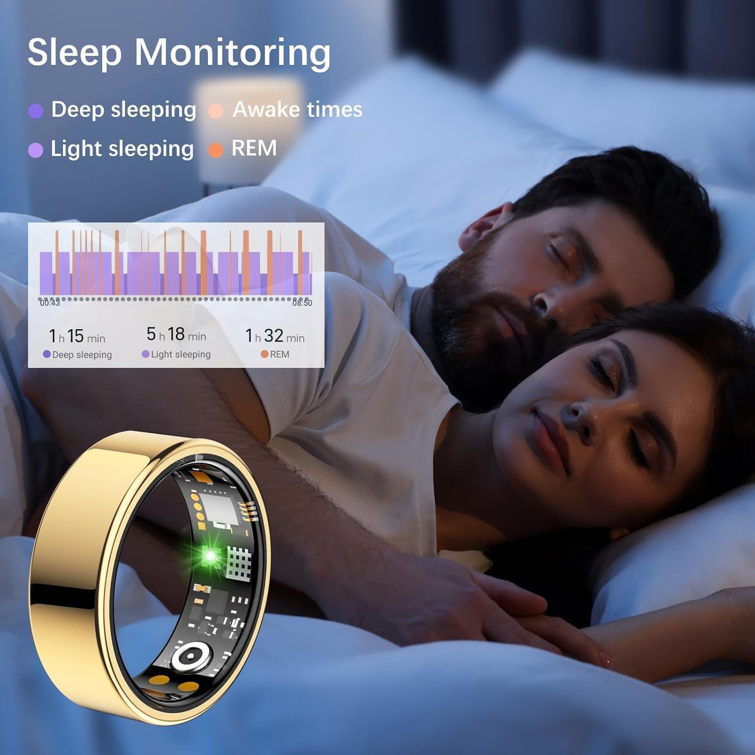 Skiennix Smart Ring - Fitness Tracker with Heart Rate, Blood Oxygen, Stress & Sleep Monitoring | Gold, Size 11